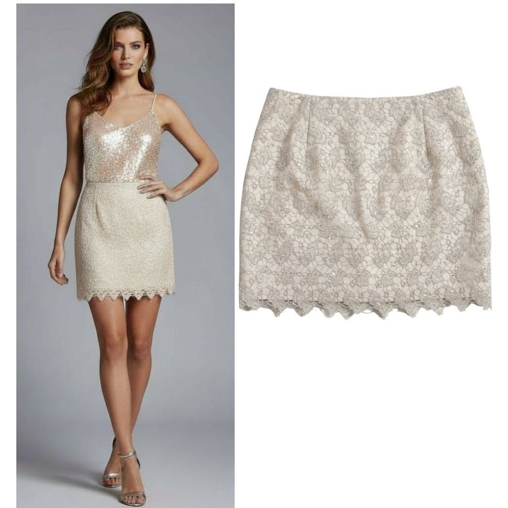 H&M Sequin Lace Skirt Womens 14 Cream Silver Metallic Scalloped Mini Party Club